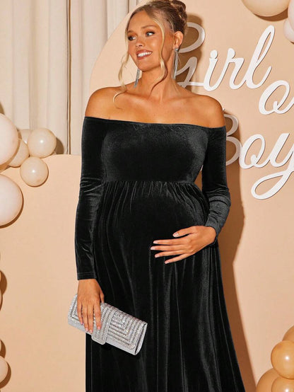 Maternity Off Shoulder Fishtail Baby Shower Long Sleeve Dress Slim Fit Solid Wine Gown Pregnancy Photoshoot Fall Winter