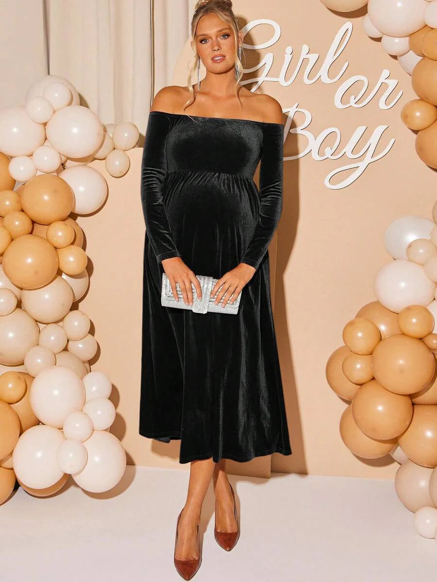 Maternity Off Shoulder Fishtail Baby Shower Long Sleeve Dress Slim Fit Solid Wine Gown Pregnancy Photoshoot Fall Winter