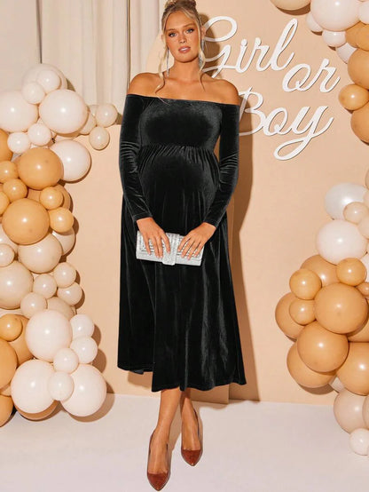 Maternity Off Shoulder Fishtail Baby Shower Long Sleeve Dress Slim Fit Solid Wine Gown Pregnancy Photoshoot Fall Winter