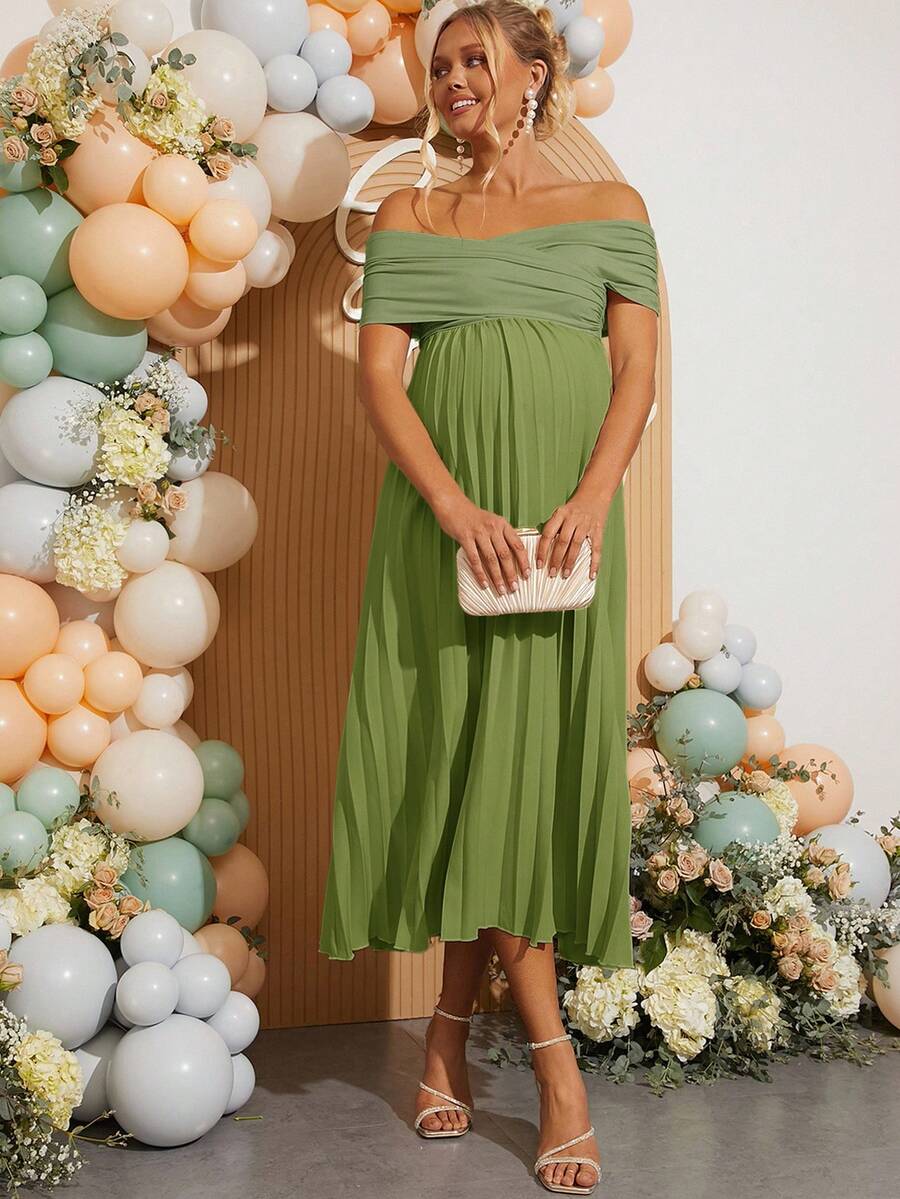 Maternity Off Shoulder Pleated Short Sleeve Dress Solid Color Slim Fit Elegant Pregnancy Gown for Baby Shower Gender Reveal Party Summer