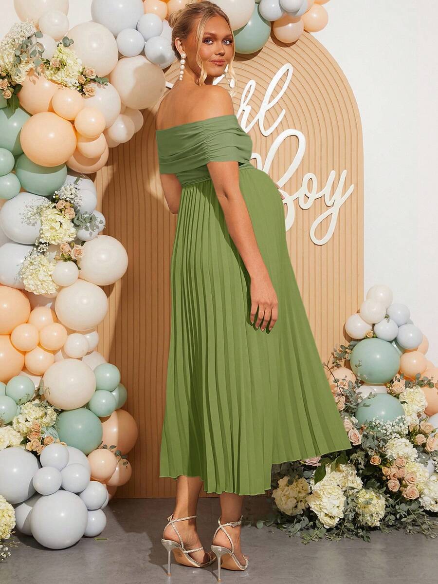 Maternity Off Shoulder Pleated Short Sleeve Dress Solid Color Slim Fit Elegant Pregnancy Gown for Baby Shower Gender Reveal Party Summer