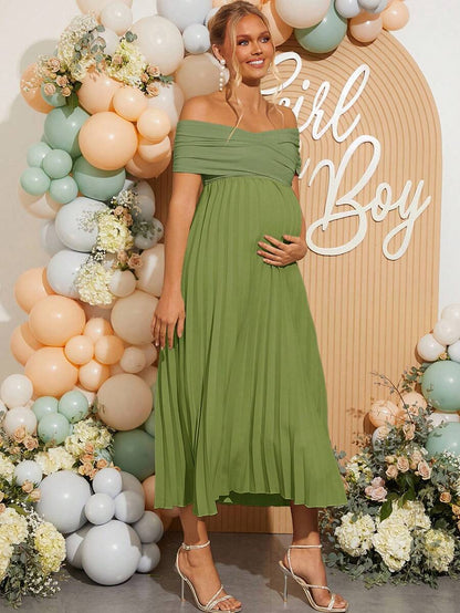 Maternity Off Shoulder Pleated Short Sleeve Dress Solid Color Slim Fit Elegant Pregnancy Gown for Baby Shower Gender Reveal Party Summer
