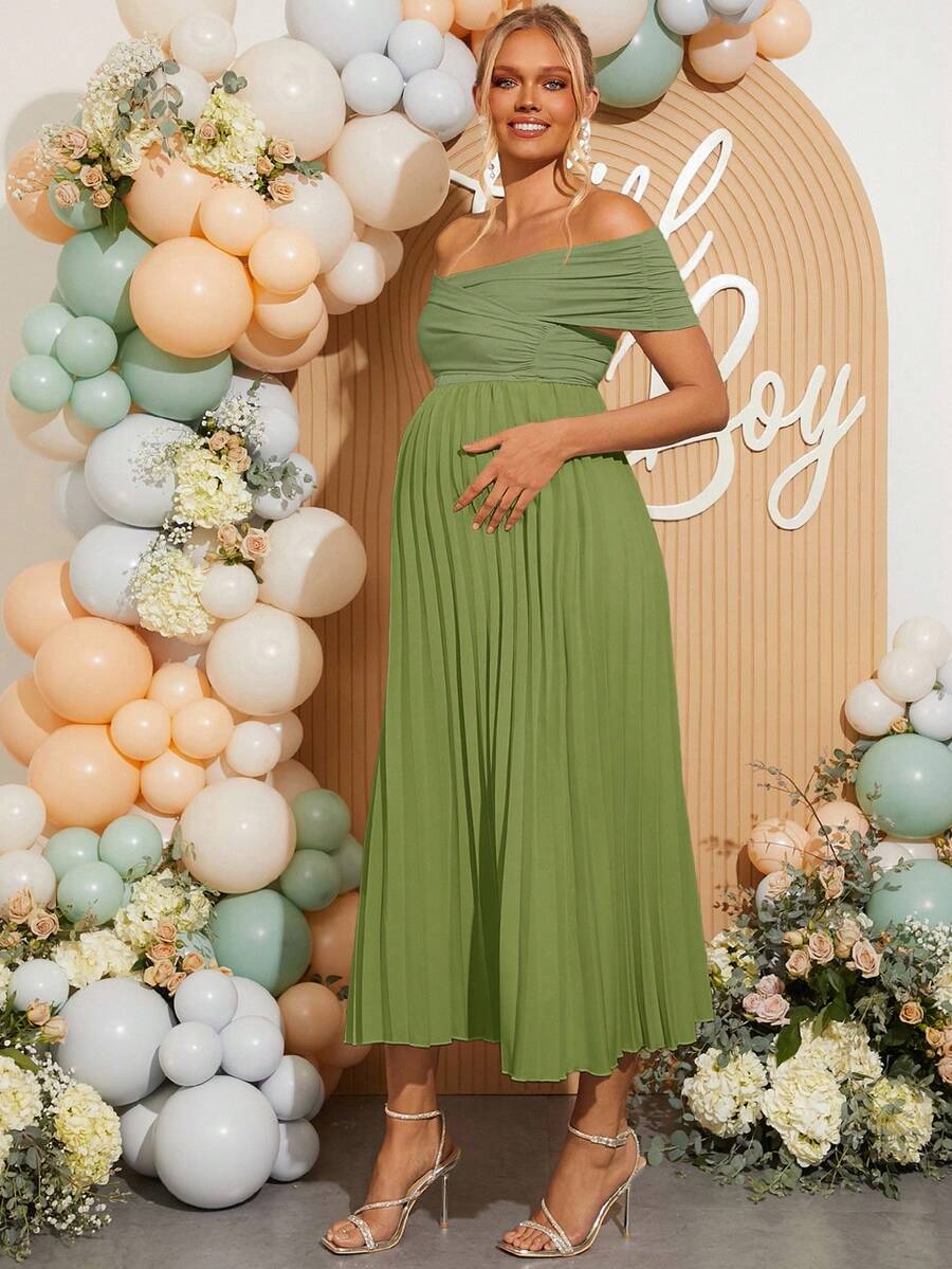 Maternity Off Shoulder Pleated Short Sleeve Dress Solid Color Slim Fit Elegant Pregnancy Gown for Baby Shower Gender Reveal Party Summer