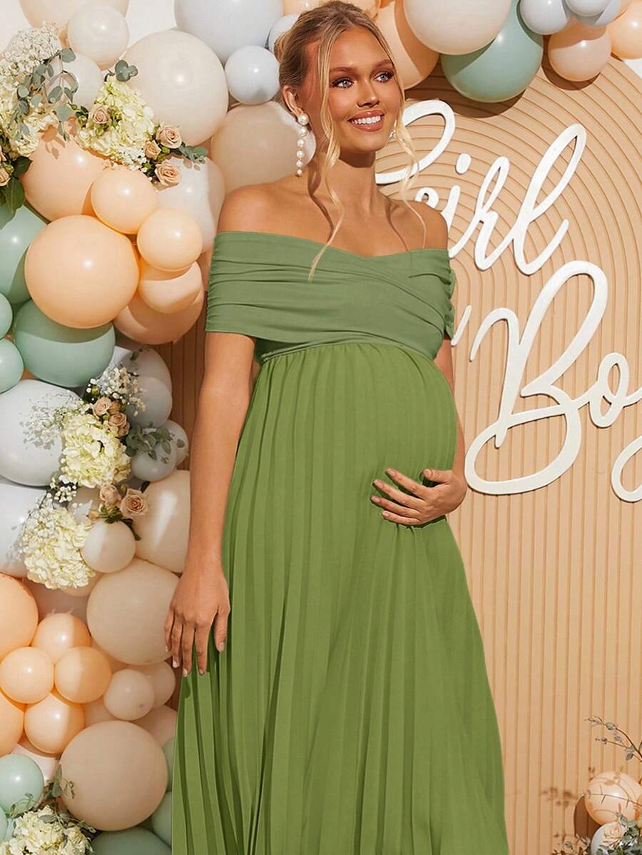 Maternity Off Shoulder Pleated Short Sleeve Dress Solid Color Slim Fit Elegant Pregnancy Gown for Baby Shower Gender Reveal Party Summer