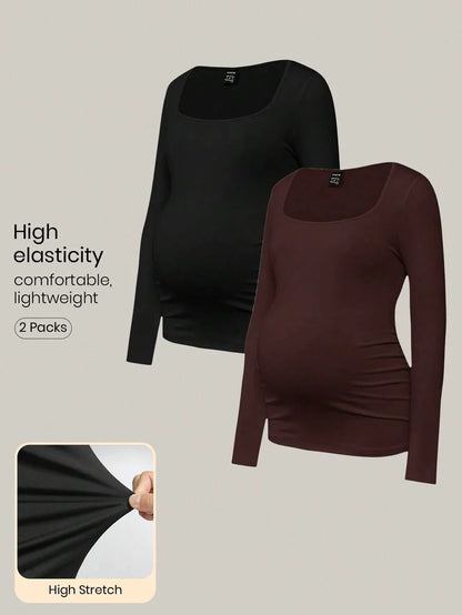 Maternity Ruched Square Neck Long Sleeve T-Shirt - Slim Fit High Stretch Knitted Pregnancy Top - Versatile Plain Daily Maternity Tee