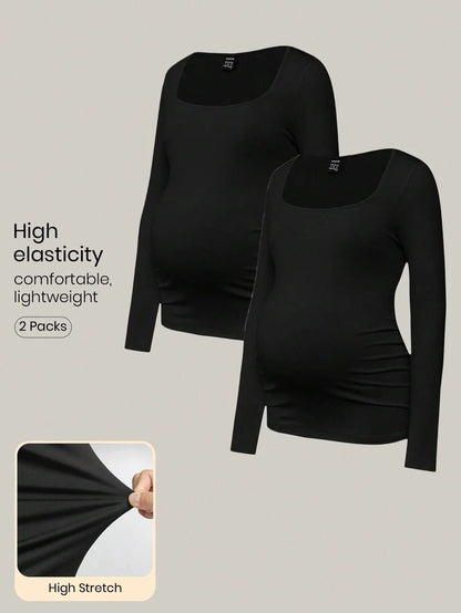 Maternity Ruched Square Neck Long Sleeve T-Shirt - Slim Fit High Stretch Knitted Pregnancy Top - Versatile Plain Daily Maternity Tee
