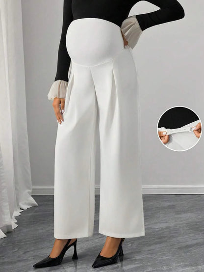 Maternity Straight Leg Pants - Adjustable Natural Waist, Loose Fit, Elegant, Black