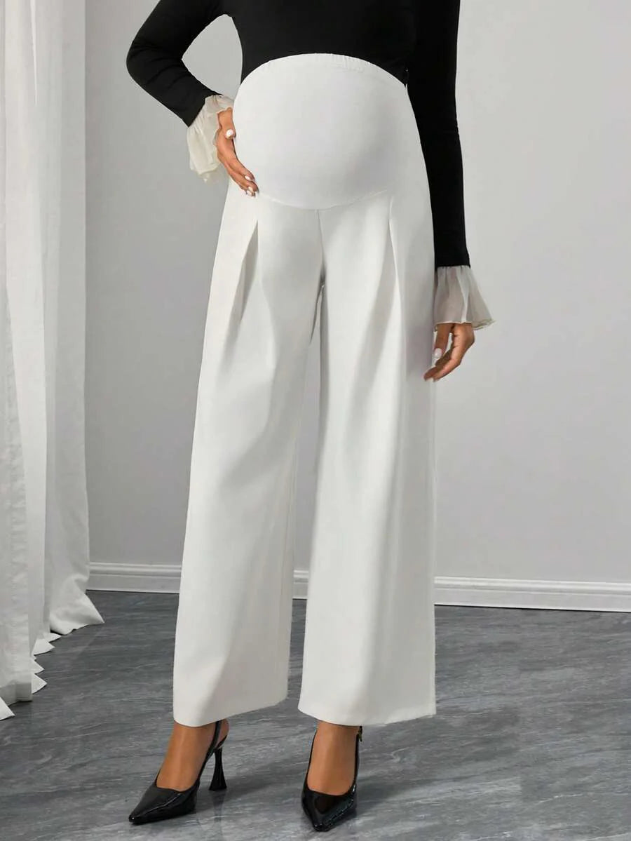 Maternity Straight Leg Pants - Adjustable Natural Waist, Loose Fit, Elegant, Black
