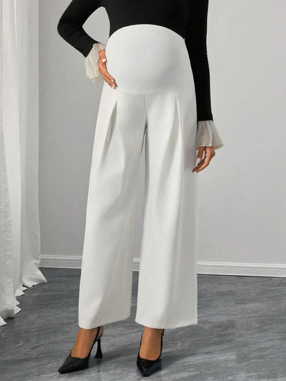 Maternity Straight Leg Pants - Adjustable Natural Waist, Loose Fit, Elegant, Black
