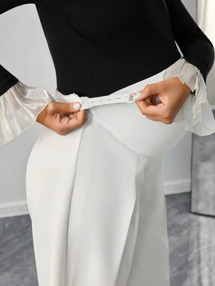 Maternity Straight Leg Pants - Adjustable Natural Waist, Loose Fit, Elegant, Black