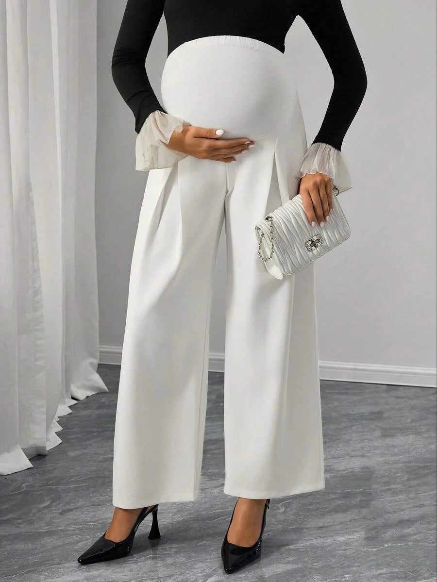 Maternity Straight Leg Pants - Adjustable Natural Waist, Loose Fit, Elegant, Black