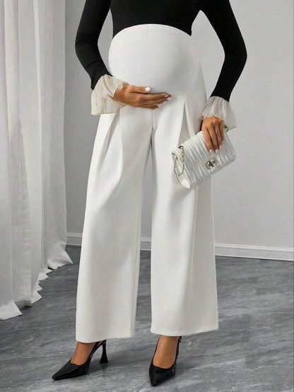 Maternity Straight Leg Pants - Adjustable Natural Waist, Loose Fit, Elegant, Black