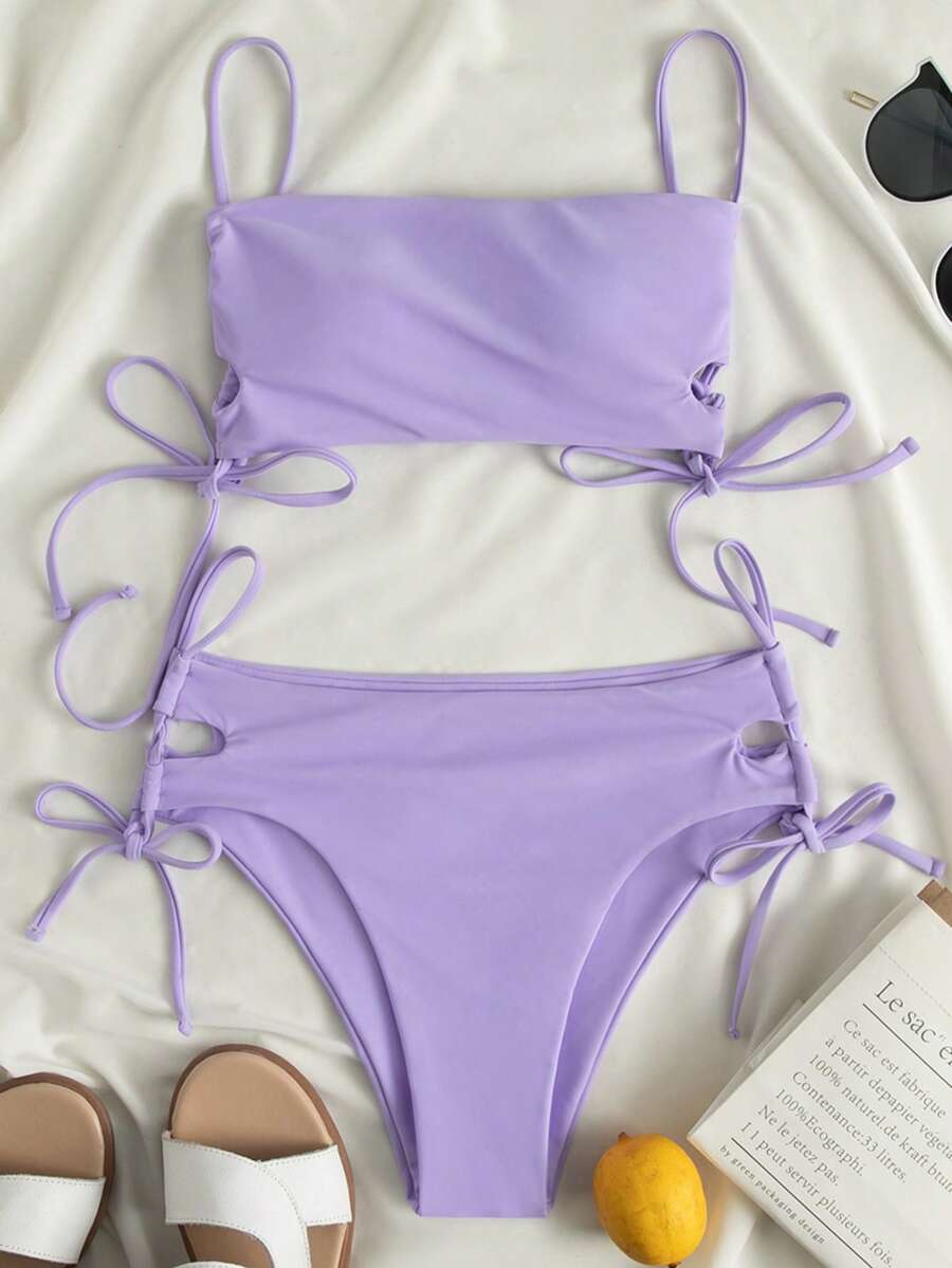 Swim Vcay Women's Solid Color Lace-Up Sexy Bikini Swimsuit Set, Wireless For Summer Beach Vacation
