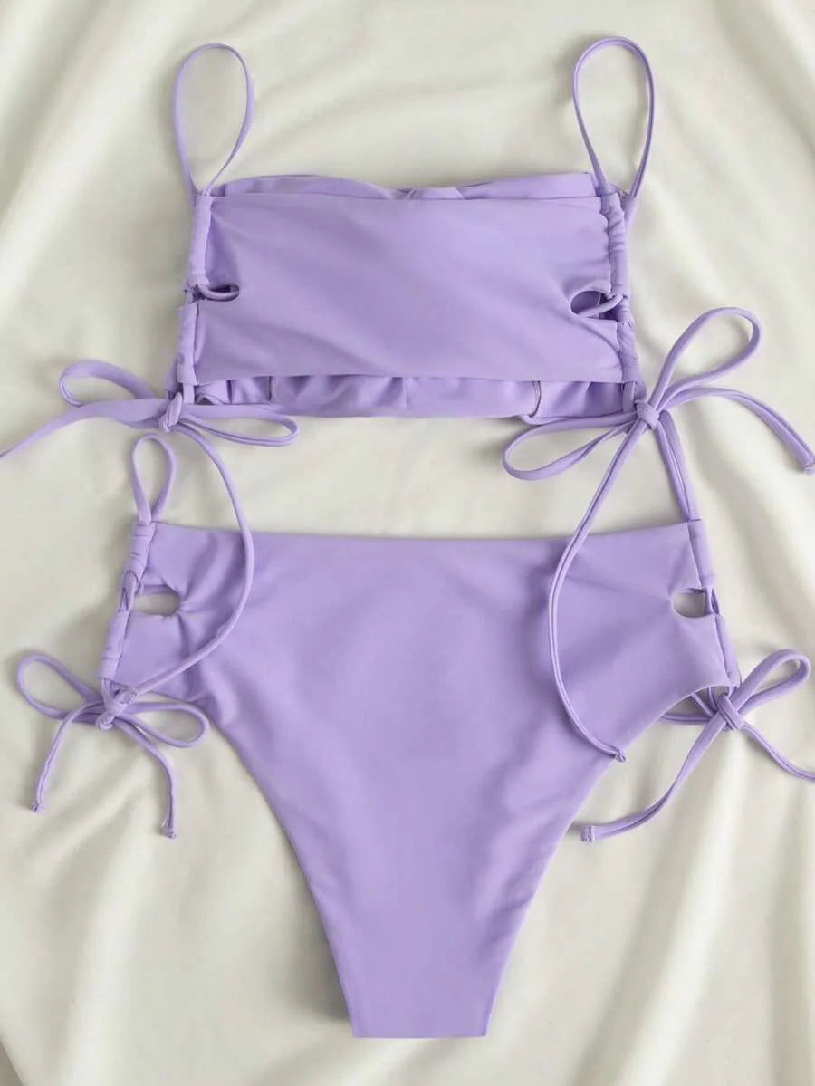 Swim Vcay Women's Solid Color Lace-Up Sexy Bikini Swimsuit Set, Wireless For Summer Beach Vacation