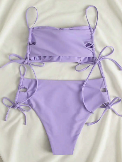 Swim Vcay Women's Solid Color Lace-Up Sexy Bikini Swimsuit Set, Wireless For Summer Beach Vacation