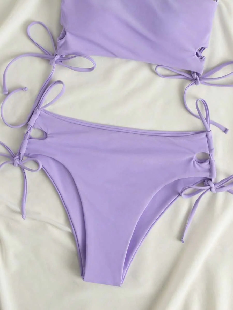 Swim Vcay Women's Solid Color Lace-Up Sexy Bikini Swimsuit Set, Wireless For Summer Beach Vacation