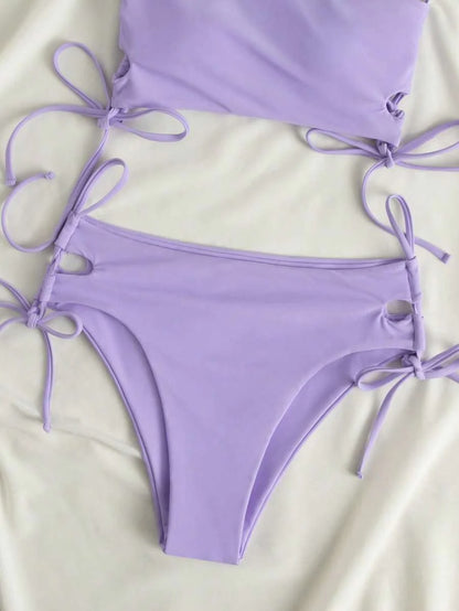 Swim Vcay Women's Solid Color Lace-Up Sexy Bikini Swimsuit Set, Wireless For Summer Beach Vacation