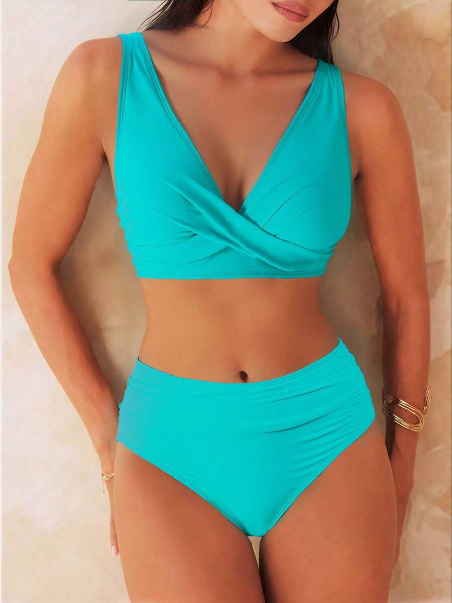 Women's 2-Piece Striped Bikini Set - Cross Wrap Bust, High Waist, Deep V Neck, Blue
