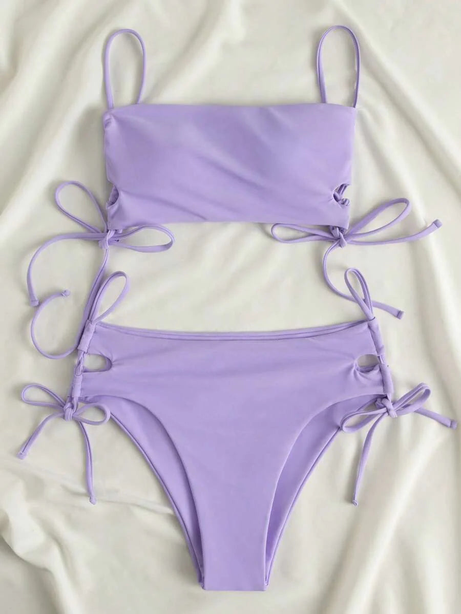Swim Vcay Women's Solid Color Lace-Up Sexy Bikini Swimsuit Set, Wireless For Summer Beach Vacation