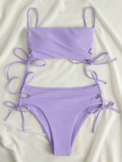 Swim Vcay Women's Solid Color Lace-Up Sexy Bikini Swimsuit Set, Wireless For Summer Beach Vacation
