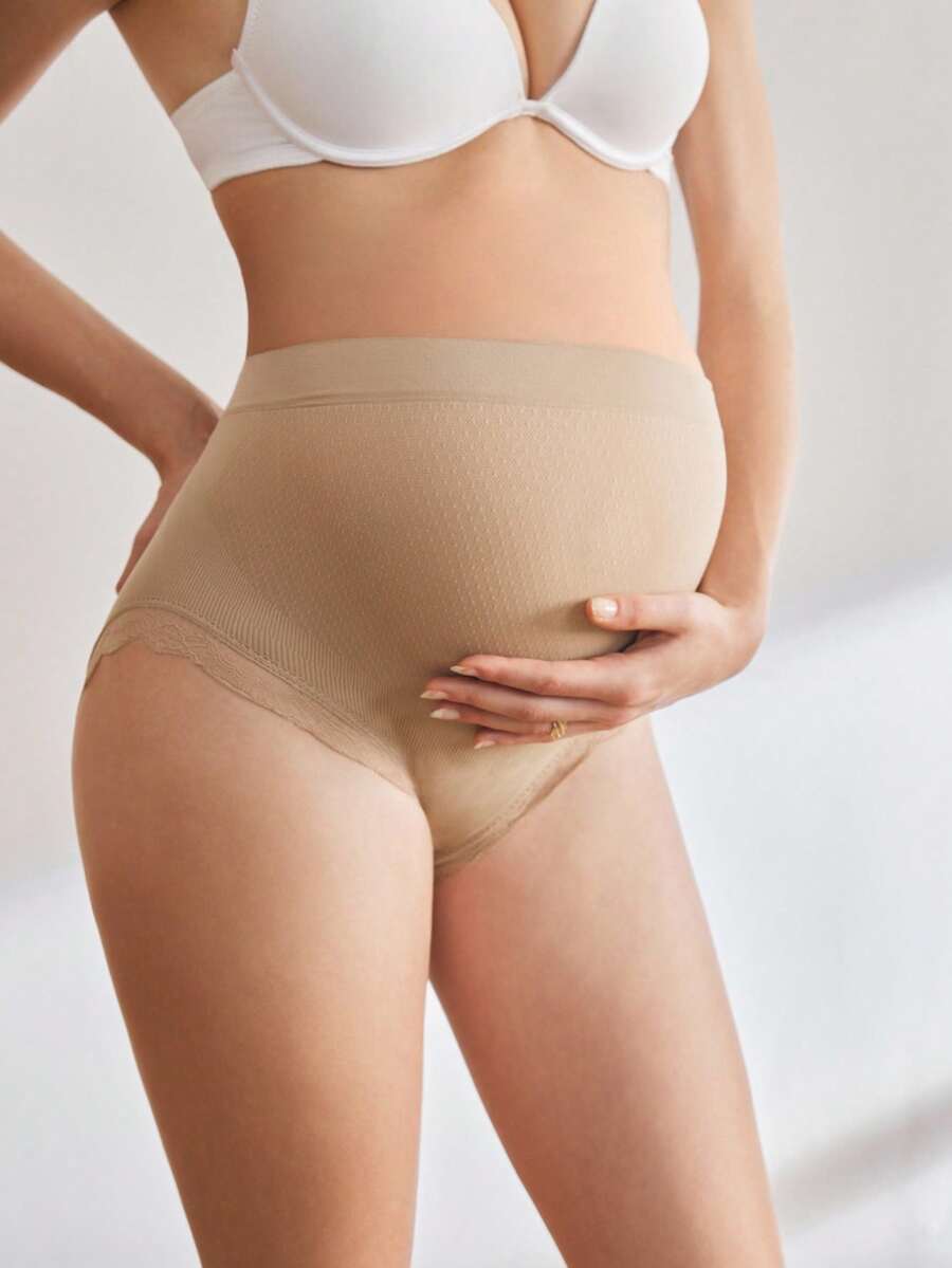 Maternity Panties - High Waist Lace Triangle Solid Color Patchwork Soft Comfortable, Pregnancy