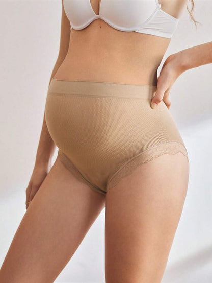 Maternity Panties - High Waist Lace Triangle Solid Color Patchwork Soft Comfortable, Pregnancy