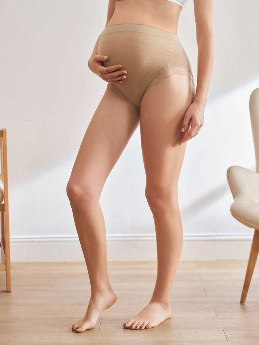 Maternity Panties - High Waist Lace Triangle Solid Color Patchwork Soft Comfortable, Pregnancy