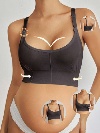 Seamless Grey Maternity and Nursing Bra - Wireless Knitted Comfort Crop Top with Adjustable Straps for Daily Wear