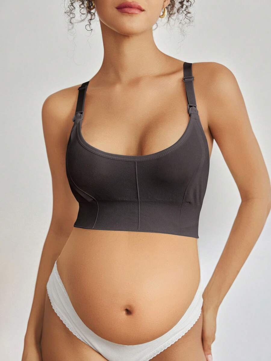 Seamless Grey Maternity and Nursing Bra - Wireless Knitted Comfort Crop Top with Adjustable Straps for Daily Wear