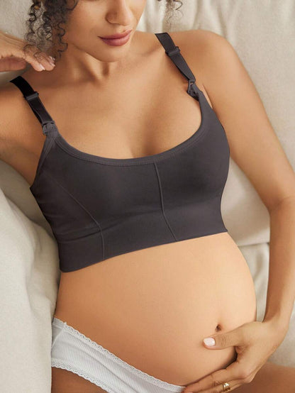 Seamless Grey Maternity and Nursing Bra - Wireless Knitted Comfort Crop Top with Adjustable Straps for Daily Wear
