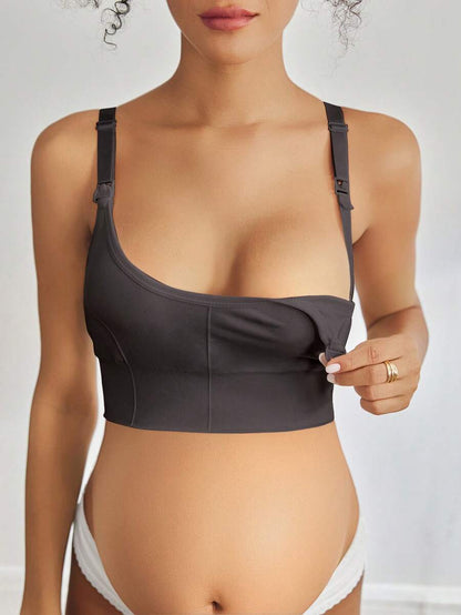 Seamless Grey Maternity and Nursing Bra - Wireless Knitted Comfort Crop Top with Adjustable Straps for Daily Wear