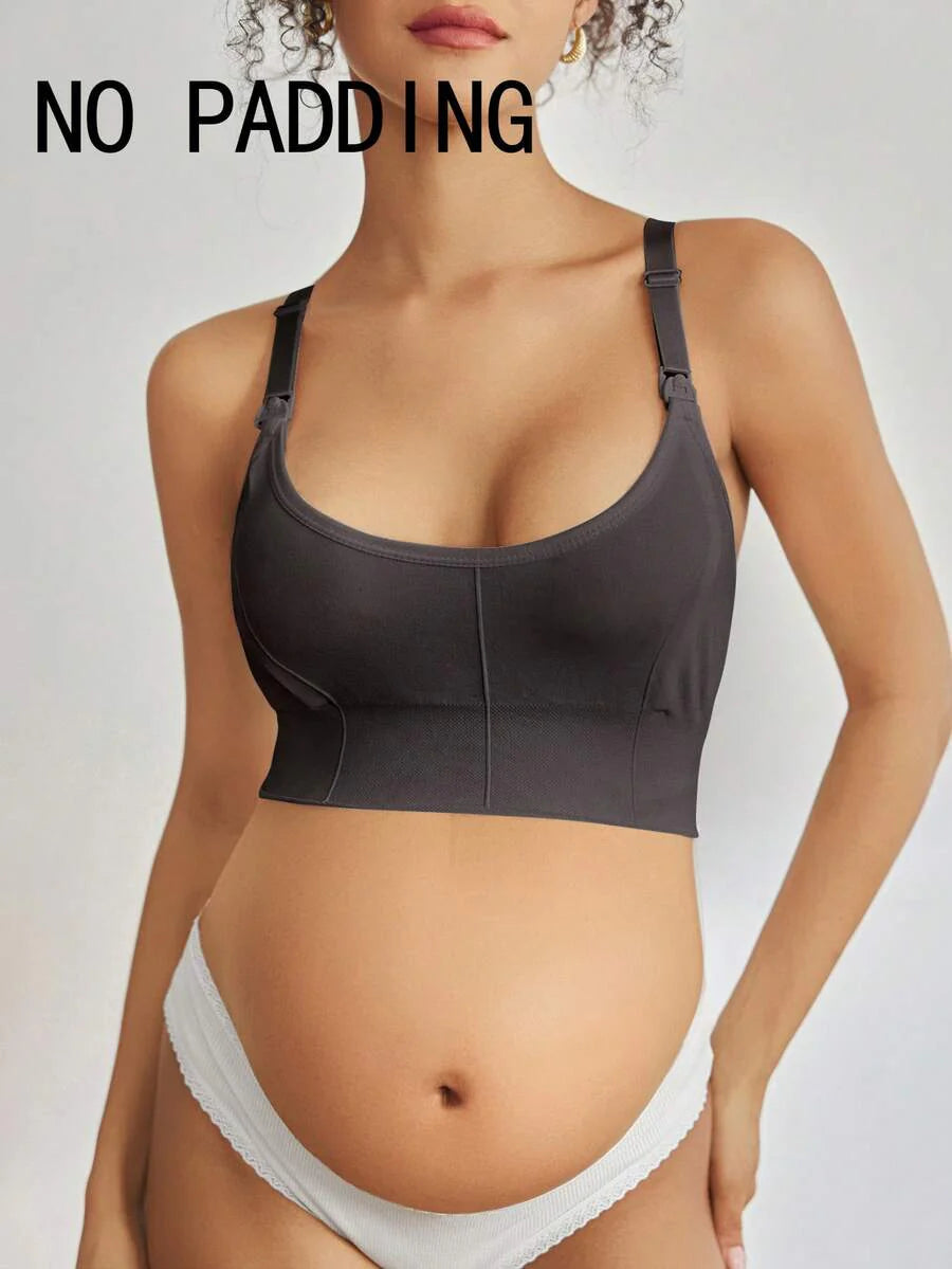 Seamless Grey Maternity and Nursing Bra - Wireless Knitted Comfort Crop Top with Adjustable Straps for Daily Wear
