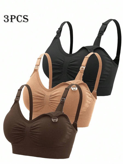 3PCS Maternity Nursing Bras Set Women Simple Solid Color Comfortable Breastfeeding Bra Set