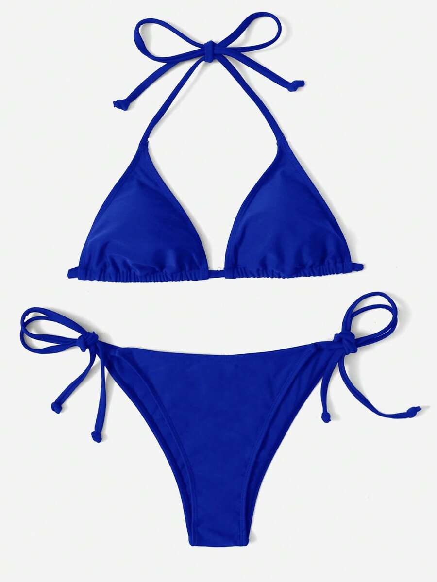 Women's Plain Halter Bikini Set - Knot Detail, Tie Side, Triangle Cup, Navy Blue