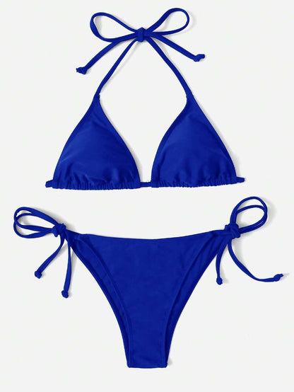 Women's Plain Halter Bikini Set - Knot Detail, Tie Side, Triangle Cup, Navy Blue
