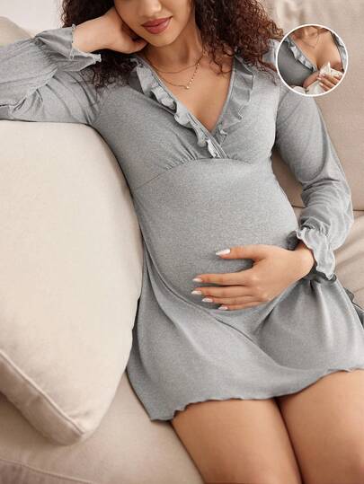 Maternity Long Sleeve Nursing Pajama Dress Women Loose Solid Color Winter Sleepwear