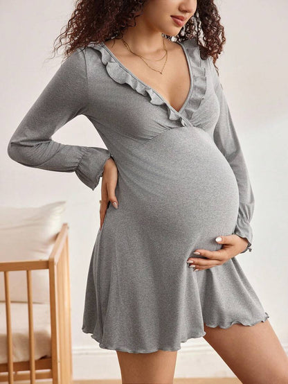Maternity Long Sleeve Nursing Pajama Dress Women Loose Solid Color Winter Sleepwear