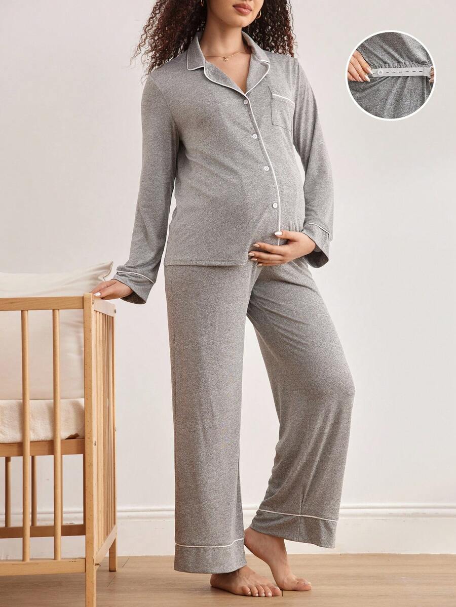Maternity Nursing Sleepwear Set - Black Colorblock Long Sleeve Top and Pants - Casual 2 Piece Nursing Pajamas for Fall and Winter