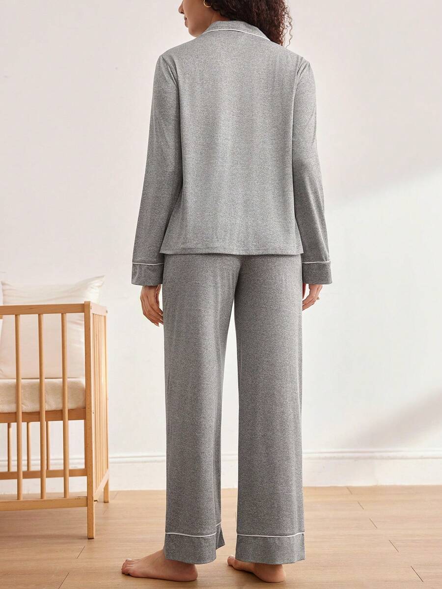 Maternity Nursing Sleepwear Set - Black Colorblock Long Sleeve Top and Pants - Casual 2 Piece Nursing Pajamas for Fall and Winter