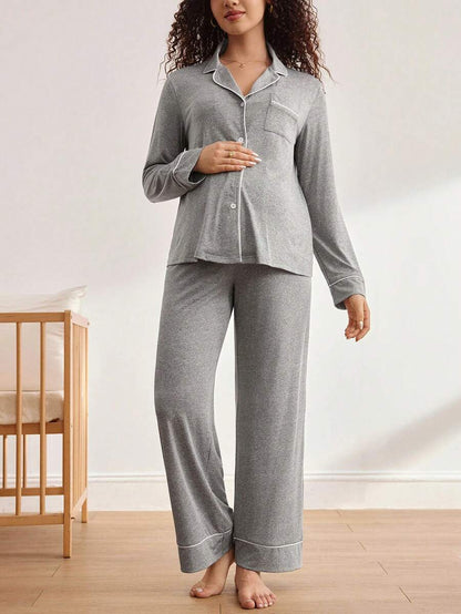 Maternity Nursing Sleepwear Set - Black Colorblock Long Sleeve Top and Pants - Casual 2 Piece Nursing Pajamas for Fall and Winter