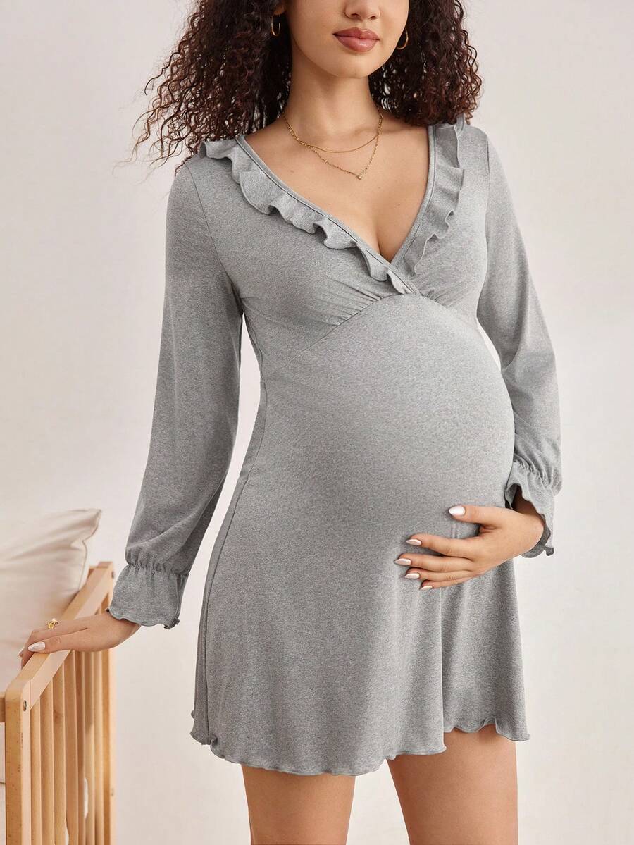 Maternity Long Sleeve Nursing Pajama Dress Women Loose Solid Color Winter Sleepwear