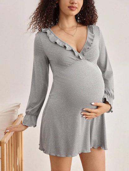 Maternity Long Sleeve Nursing Pajama Dress Women Loose Solid Color Winter Sleepwear