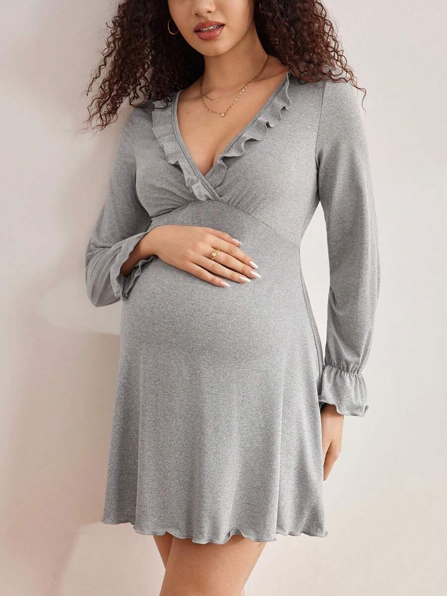 Maternity Long Sleeve Nursing Pajama Dress Women Loose Solid Color Winter Sleepwear