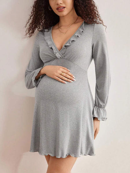 Maternity Long Sleeve Nursing Pajama Dress Women Loose Solid Color Winter Sleepwear