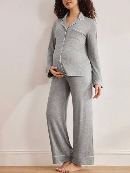 Maternity Nursing Sleepwear Set - Black Colorblock Long Sleeve Top and Pants - Casual 2 Piece Nursing Pajamas for Fall and Winter