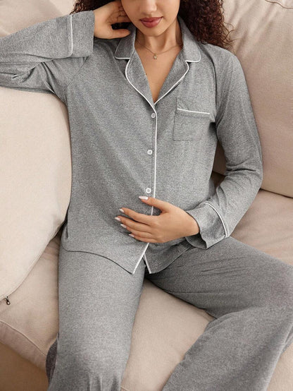 Maternity Nursing Sleepwear Set - Black Colorblock Long Sleeve Top and Pants - Casual 2 Piece Nursing Pajamas for Fall and Winter