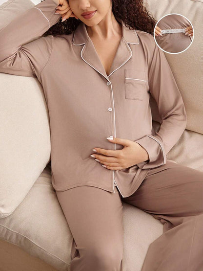 Maternity Nursing Sleepwear Set - Black Colorblock Long Sleeve Top and Pants - Casual 2 Piece Nursing Pajamas for Fall and Winter