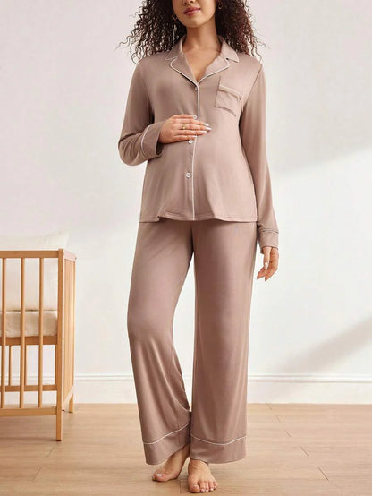 Maternity Nursing Sleepwear Set - Black Colorblock Long Sleeve Top and Pants - Casual 2 Piece Nursing Pajamas for Fall and Winter