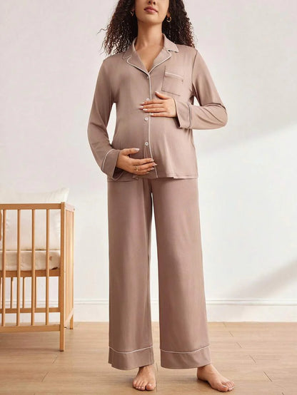 Maternity Nursing Sleepwear Set - Black Colorblock Long Sleeve Top and Pants - Casual 2 Piece Nursing Pajamas for Fall and Winter