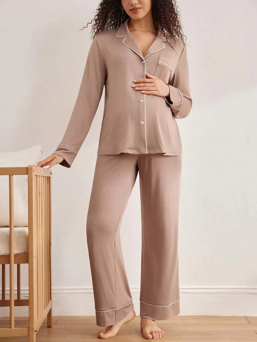 Maternity Nursing Sleepwear Set - Black Colorblock Long Sleeve Top and Pants - Casual 2 Piece Nursing Pajamas for Fall and Winter
